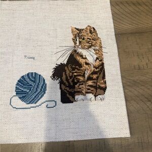 Cross stitch,calico cat with ball of yarn finished embroidery